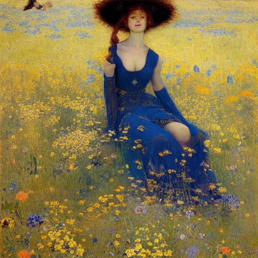 Image similar to masterpiece full body portrait of a beautiful woman with a perfect body lying on an ornate gold and blue carpet in a meadow, by Edgar Maxence and Ross Tran and Michael Whelan and Gustav Klimpt