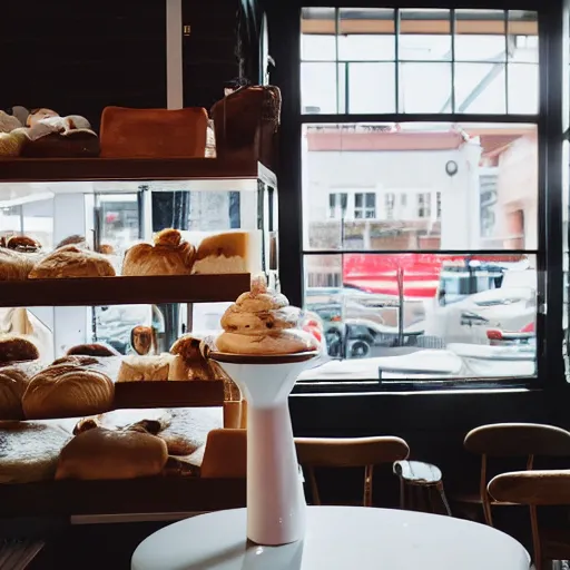 Image similar to hybrid of a latte and a toilet, fresh bakeries in the background, in a bright cafe, 3 5 mm, f 1. 8