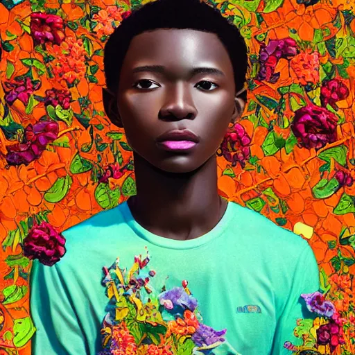 Image similar to colourful vfx art - portrait of nigerian boy wrapped in flowers & vines, art by hsiao - ron cheng & james jean - presented as magazine collage style, volumetric light, colourful, sharp, detailed, digital painting, illustration, illustration, magazine collage, highly detailed, intricate detail, unreal engine, octae render, pinterest, behance, art station,