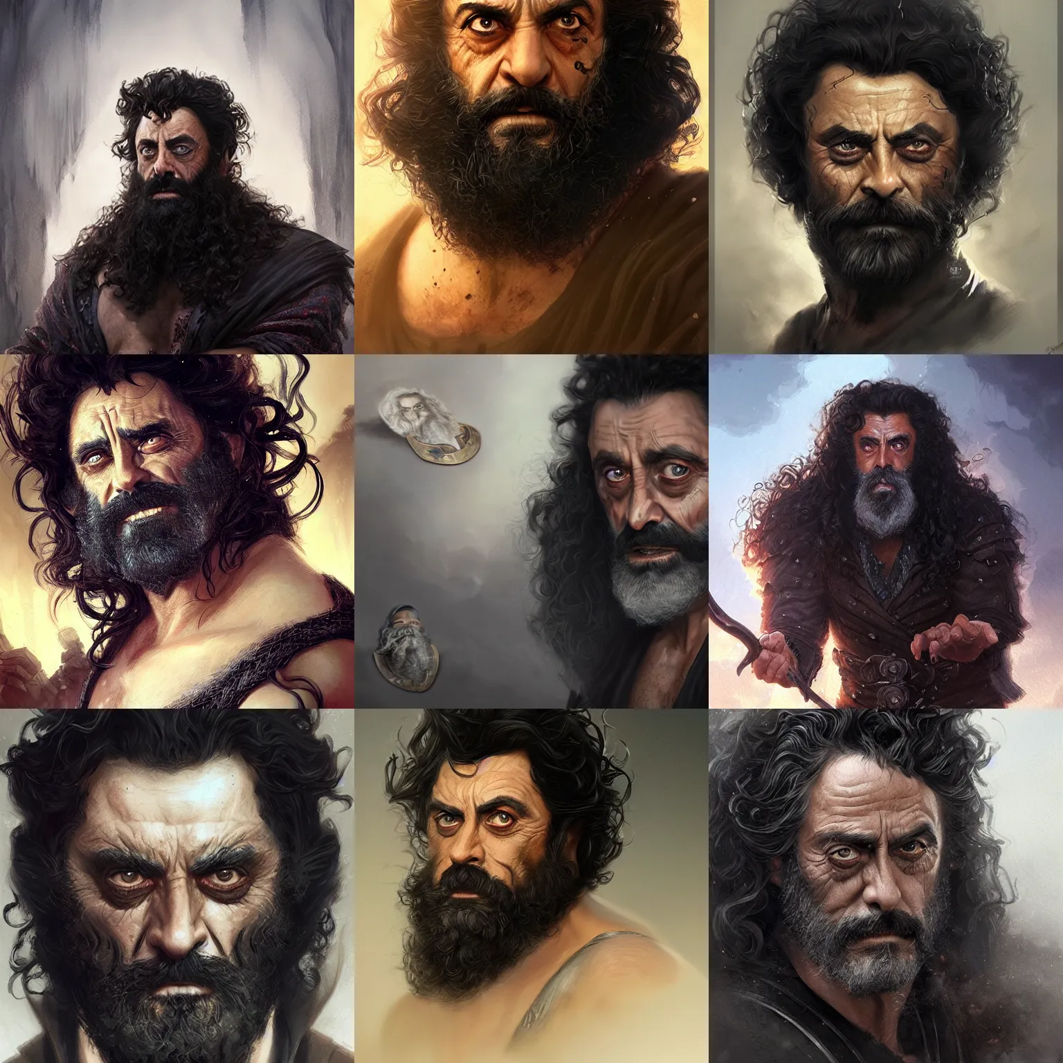 Prompt: ian mcshane, curly black beard, hades, D&D, fantasy, portrait, highly detailed, digital painting, trending on artstation, concept art, sharp focus, illustration, art by artgerm and greg rutkowski and magali villeneuve