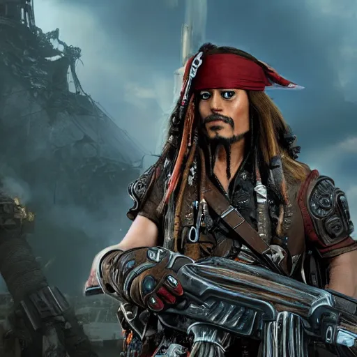 Image similar to captain jack sparrow as a coq in gears of war, splash art, movie still, cinematic lighting, dramatic, octane render, detailed face, long lens, shallow depth of field, bokeh, anamorphic lens flare, 8 k, hyper detailed, 3 5 mm film grain