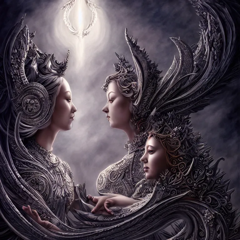 Image similar to epic professional digital art of the miraculous god and goddess with moderate atmospheric dramatic lighting, drawn, intricate, detailed, sinister, lisha hannigan, wayne haag, reina rocin, ignacio fernandez rios, mark ryden, iris van herpen, epic, stunning, magnificent, stunning, cinematic, masterpiece.