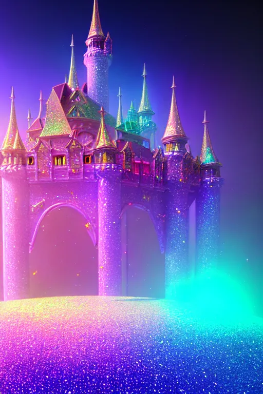 Image similar to iridescent holographic multicolored glitter fantasy castle in space, hyper realistic, ambient lighting, concept art, intricate, hyper detailed, smooth, dynamic volumetric lighting, octane, raytrace, cinematic, high quality, high resolution, 4 k, artstation