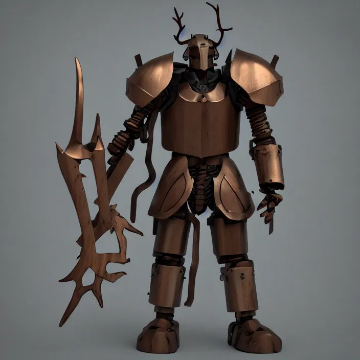 Prompt: warforged druid male anime character, wooden staff wizard, wolf armor, wolf pack, a pack of wolves, wooden antlers, made of wood, made of metal, large robot, knight, knight armor, large castle, medieval castle, wolf pack following, 3 d render beeple, realistic detailed octane render, pop up parade figure