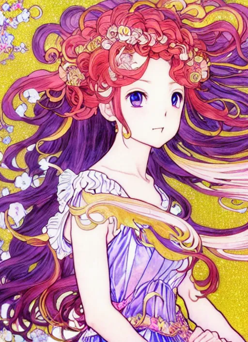 Image similar to exquisite imaginative manga poster of a fairy princess, fire emblem heroes, long wavy hair, rococo ruffles dress, shimmering, by shigenori soejima, minaba hideo, katsuhiro otomo, alphonse mucha, jump comics, illustration, artstation, pixiv, dark fantastic, highly detailed, 8 k, fluorescent, fluorescent, maximalist