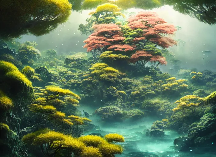 Image similar to overgrown foliage overtaking tall japanese architecture, underwater environment, borealis, scenery, professional, award - winning, trending on artstation, hyper detailed, realistic, beautiful, emotional, shiny, golden, picture