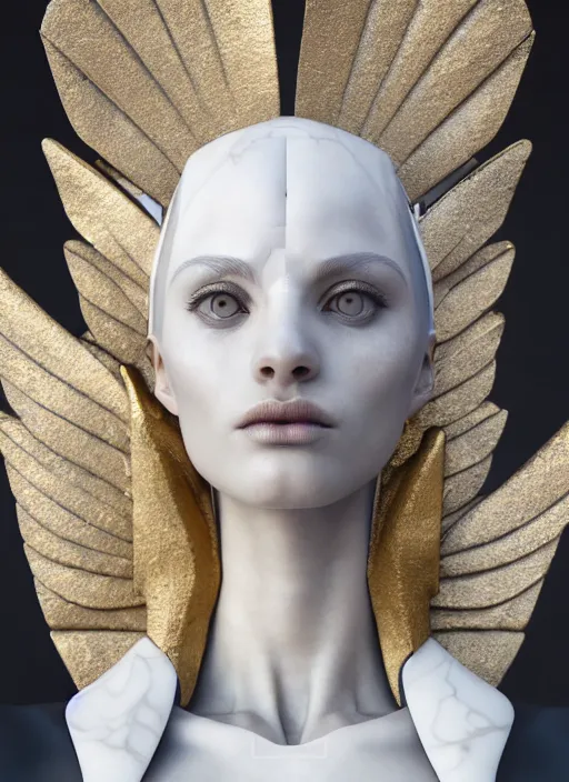 Image similar to a statue made of white marble with gold veins, of an gorgeous futuristic cybernetic angel girl, prostheses, transhumanism, full body shot, perfect symmetrical body, perfect symmetrical face, hyper realistic, hyper detailed, by johannen voss, by peter kemp, by monia merlo, by michelangelo, octane render, blender, 8 k