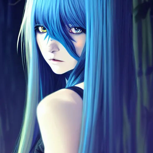 Image similar to attractive long blue - haired girl with bangs gothic anime character with amber eyes, noir, screenshot, anime, sharp focus, intricate, illustration, cell shaded, digital painting, highly detailed, concept art, matte, art by ilya kuvshinov, wlop, and greg rutkowski, studio quality, james jean, artem demura