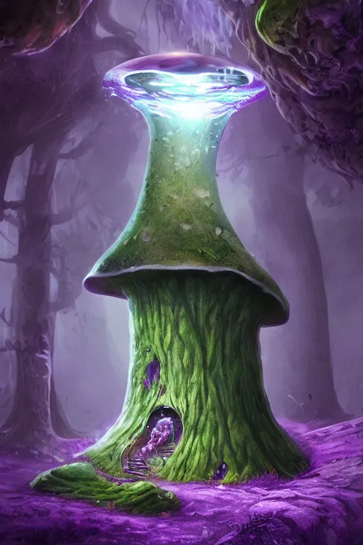 Image similar to Giant Mushroom Dripping Viscous Blobs of Purple Liquid from its Cap, Deep Forest, Overgrowth, fantasy, digital illustration, realistic, trending on artstation, volumetric lighting, ultra detailed