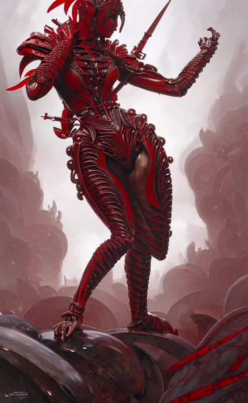 Image similar to Gothic crustacean muscular warrior queen in red and white chitin armor of thick steel plates, fantasy, highly detailed, digital painting, artstation, concept art, smooth, sharp focus, illustration, art by artgerm and greg rutkowski and alphonse mucha