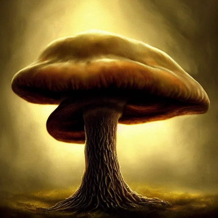 Image similar to epic professional digital art of startling mushroom, faint golden moody atmospheric lighting, painted, intricate, detailed, detailed, foreboding, by leesha hannigan, wayne haag, reyna rochin, ignacio fernandez rios, mark ryden, iris van herpen,, epic, stunning, gorgeous, much wow, cinematic, masterpiece.