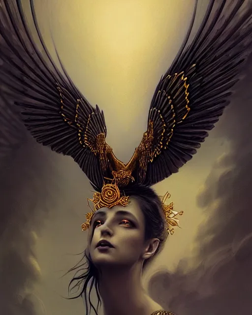 Image similar to goddess of crows, unusual beauty, emotionally evoking symbolic metaphors, head in focus, fantasy, ornamental, intricate, elegant, sensual, highly detailed digital painting, artstation, concept art, painterly, golden ratio, sharp focus, illustration, art by John Collier and Krenz Cushart and Artem Demura and and Greg Rutkowski and Alphonse Mucha and Albert Aublet