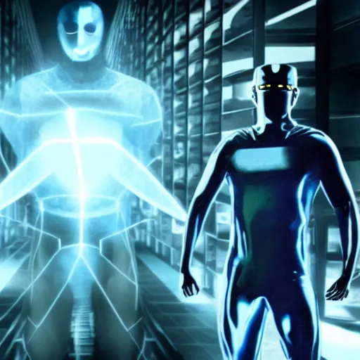 Prompt: Nikola Tesla as a superhero, movie still from The Watchmen, 4k