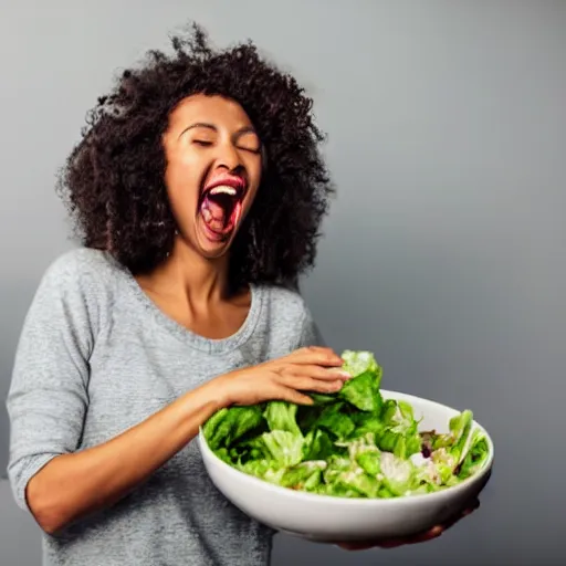 Prompt: laughing woman holding a bowl of salad