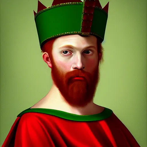 Image similar to a renaissance style portrait painting of a funny looking red haired man, wearing a crown and green cape, dark background. trending on artstation.