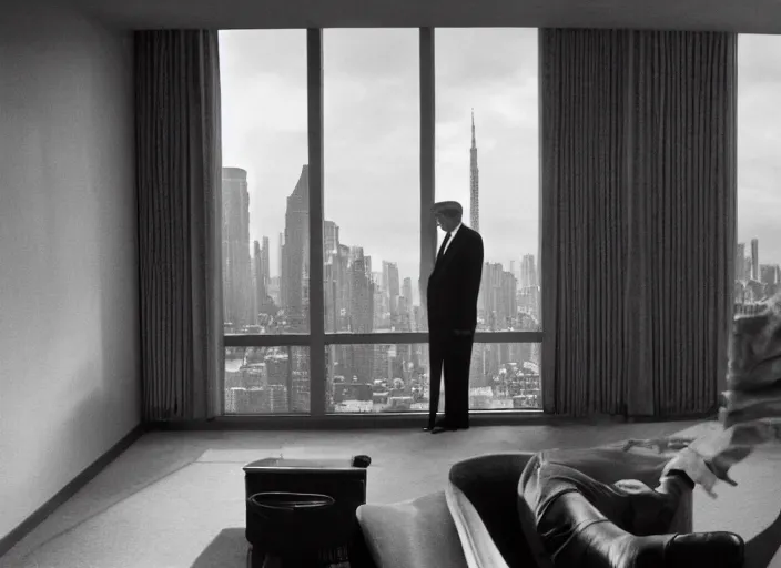 Image similar to screenshot cinematic wide shot from moody scene of Donald Trump pensive in trump tower apartment, from the film High and Low, 1963 directed by Akira Kurosawa, kodak film stock, black and white, anamorphic lens, 4K, detailed, stunning cinematography and composition shot by Takao Saito, 70mm