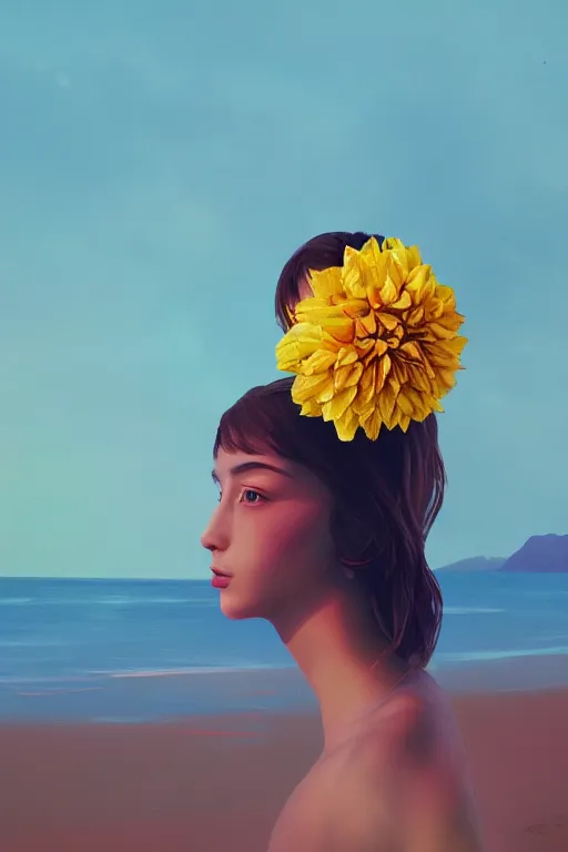 Image similar to closeup girl with huge yellow dahlia flower under face, on beach, surreal photography, blue sky, sunrise, dramatic light, impressionist painting, digital painting, artstation, simon stalenhag