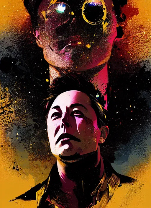 Image similar to Portrait of elon musk consumed by smoky water, stylized geometric explosion of splatter paint black gold sparkling, fantasy art by Greg Rutkowski, Loish, Rhads, Makoto Shinkai and Lois van baarle, ilya kuvshinov, rossdraws