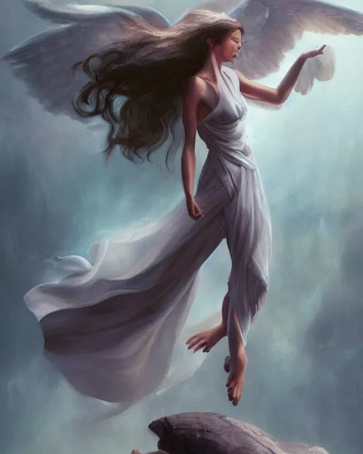 Prompt: woman turning into an angel levitating off the ground, by randy vargas and by bayard wu, art station, smooth, focus