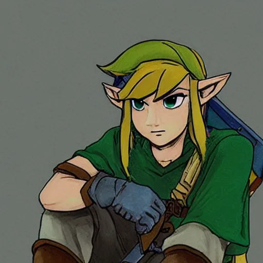 Prompt: Link sits depressive and looks down, legend of zelda, sad, depressive, dont happy, art
