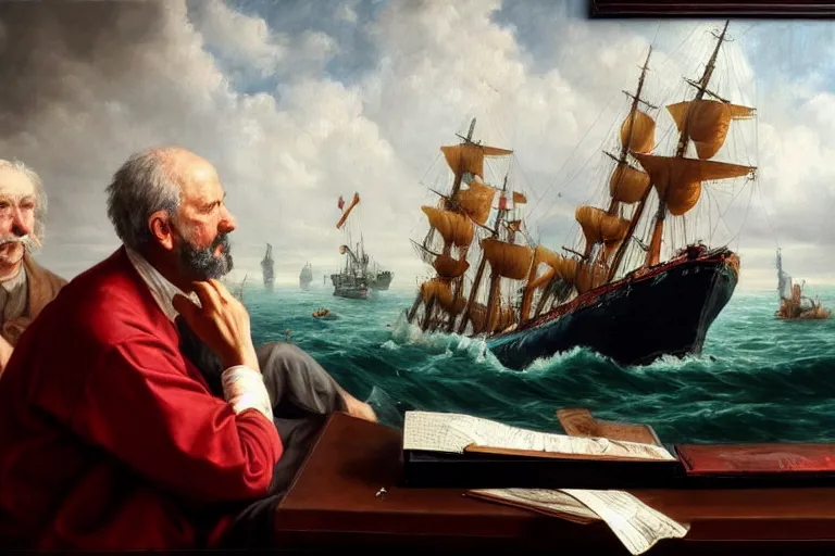 Prompt: ( ( a beautiful 8 k photorealistic masterpiece oil painting ) ( of ( philosopher lecturing to an audience while ship is sinking on the background ) ) ) ( hyperrealism ) ( 1 6 k ) ( trending on artstation )