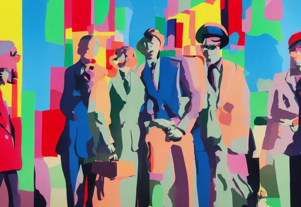 Image similar to full body portrait of a trio of european tourists, character designs painting, in the style of wes anderson, rene magritte, lola dupre, david hockney, isolated on white background, dark monochrome neon spraypaint accents volumetric octane render