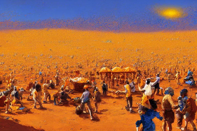 Prompt: detailed digital painting of a crowd of jews in the desert harvesting manna, orange yellow and blue color scheme, by craig mullins and ross trann