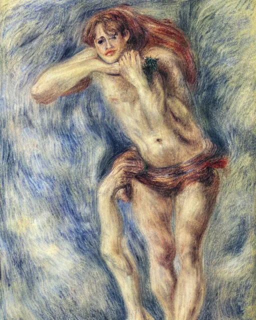 Image similar to draconic humanoid, pudica pose gesture, by renoir, in a white room, ultra - realistic and intricate, hdr 8 k