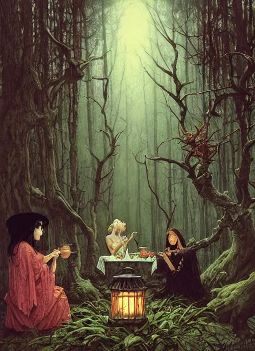 Image similar to witch having tea at a shrine in the woods gorgeous lighting, lush forest foliage a hyper realistic painting by chiara bautista and beksinski and norman rockwell and greg rutkowski weta studio, and lucasfilm