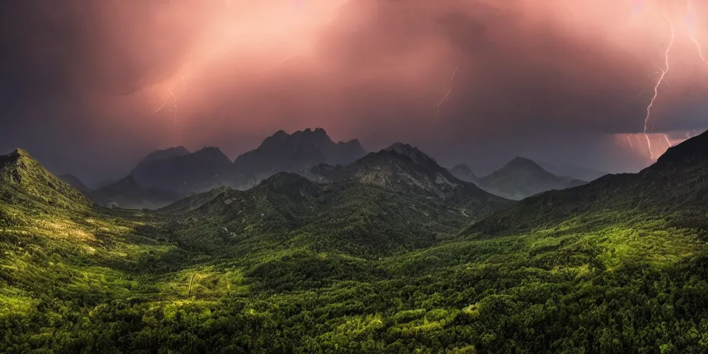 Prompt: mountains during a thunderstorm, cinematic feel, ethereal, sunset, powerful, majestic