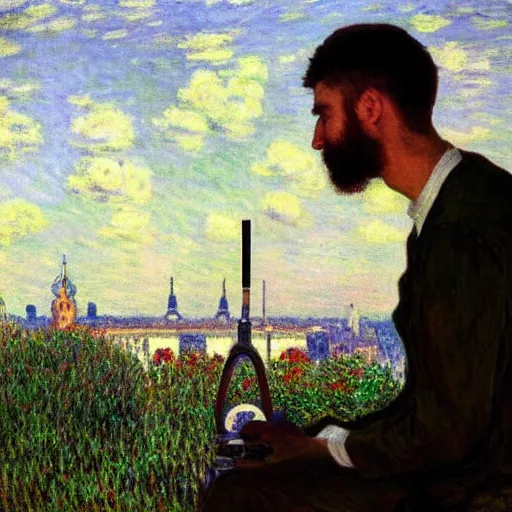 Prompt: this young man with brown hair and short beard building a robot in his lab with a view to berlin by monet - n 9