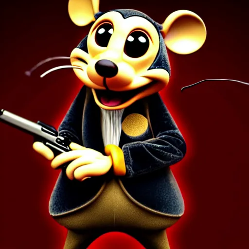 Image similar to 3d anthropomorphic rat, disney pixar, holding tommy gun, velvet, fur coat, high quality, golden necklace, fendi, high fashion