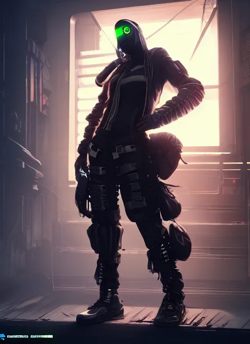 Image similar to highly detailed cyberpunk character wearing stylish cyberpunk clothes, unreal engine, fantasy art, global illumination, radiant light