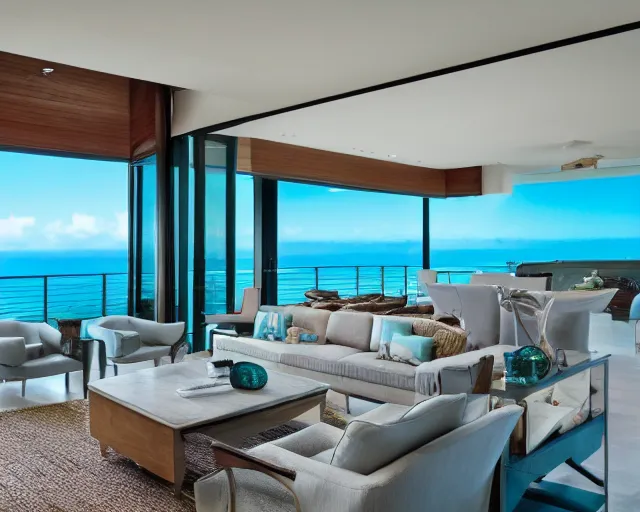 Prompt: A modern living room in a ocean hues style, inspired by the ocean, big Terrace overlooking the ocean, luxurious wooden coffee table, calm, relaxed style, harmony, wide angle shot, 8k resolution