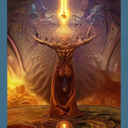 Prompt: The portal master tarot card by Tomasz Alen Kopera and Salvador Dali and moebius, impressive perspective, seen from above, masterpiece, 8k, dynamic lighting, Highly Detailed, trending on artstation