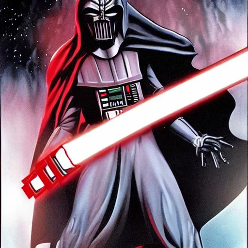 Image similar to morbius. morbius!!!!!!!!!! morbius. morbius holding a lightsaber. and darth vader, pyramids in background.