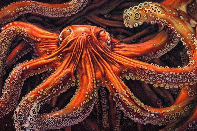 Image similar to An octopus made of muscles and flesh, alex grey, ambient light, terror, glows, realistic, photo-realism, hyper realism, picture, detailed, 3D render, scary, distant shot, in the distance,