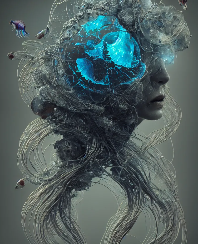 Image similar to goddess close-up portrait animal skull. jellyfish phoenix head, nautilus, orchid, skull, betta fish, bioluminiscent creatures, intricate artwork by Tooth Wu and wlop and beeple. octane render, trending on artstation, greg rutkowski very coherent symmetrical artwork. cinematic, hyper realism, high detail, octane render, 8k