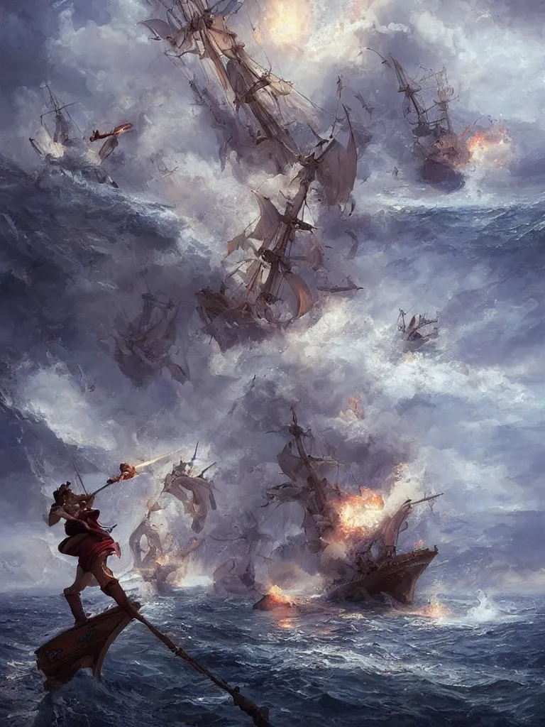 Prompt: sailor tossing an anchor overboard a ship in the baroque era, hearthstone art style, epic fantasy style art by Craig Mullins, fantasy epic digital art, epic fantasy card game art by Greg Rutkowski