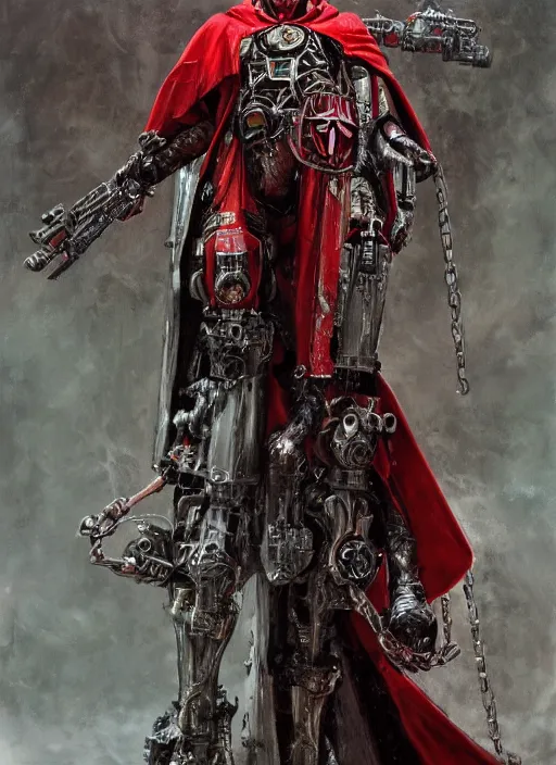 Image similar to portrait of rotten Nicolas Cage as adeptus mechanicus in red hood and robe from Warhammer 40000. Highly detailed, artstation, illustration by and John Blanche and zdislav beksinski and wayne barlowe