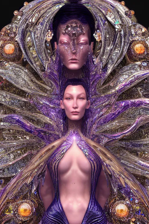 Image similar to a highly detailed metahuman 4 k close up render of an alien goddess bella hadid as universe in iris van herpen dress schiaparelli in diamonds crystals swarovski and jewelry in style of alphonse mucha gustav klimt trending on artstation made in unreal engine 4