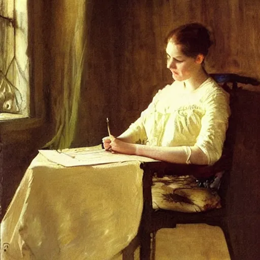 Image similar to a woman is writing a letter with a golden feather pen, by anders zorn, oil painting