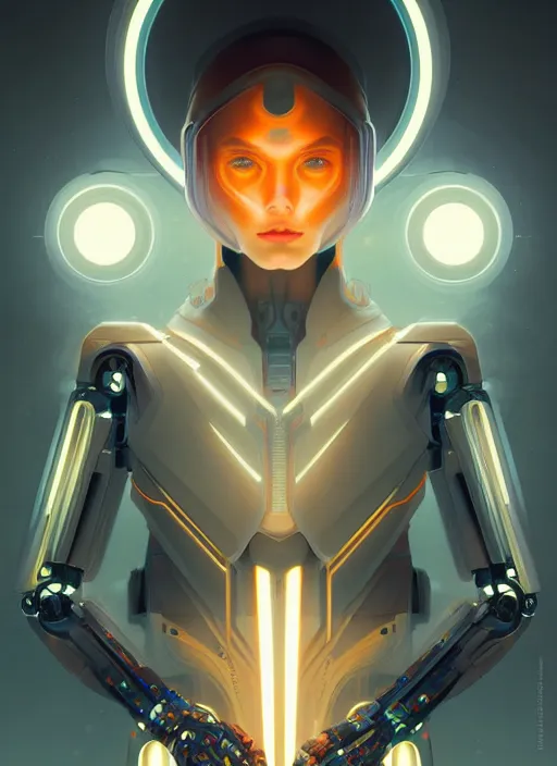 Image similar to symmetry!! portrait of robot, sci - fi, tech wear, glowing lights!! intricate, elegant, highly detailed, digital painting, artstation, concept art, smooth, sharp focus, illustration, art by artgerm and greg rutkowski and alphonse mucha