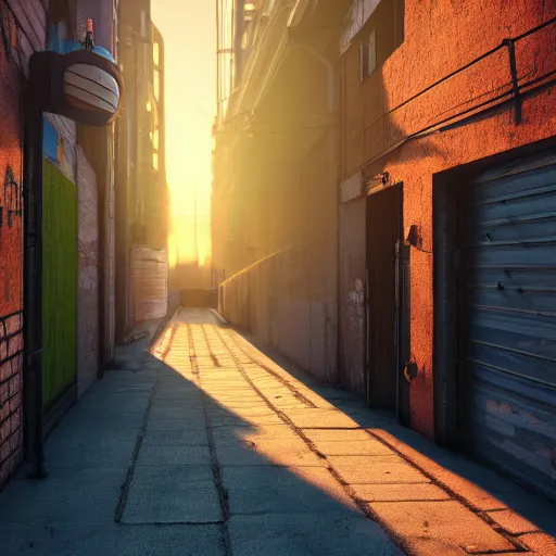 Prompt: ultradetailed 8 k hd octane render of a cyberpunk alleyway at sunset