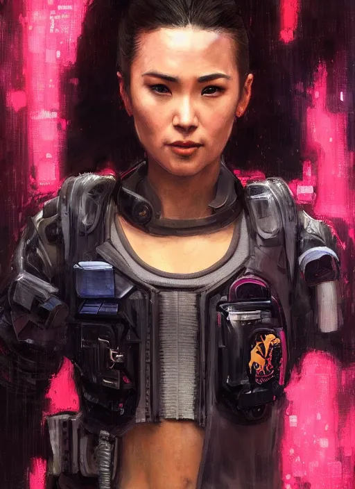 Image similar to Nikki tanaka. beautiful cyberpunk female USN marine wearing a military vest and a black and pink tactical catsuit (cyberpunk 2077, bladerunner 2049). gorgeous face. Iranian orientalist portrait by john william waterhouse and Edwin Longsden Long and Theodore Ralli and Nasreddine Dinet, oil on canvas. Cinematic, hyper realism, realistic proportions, dramatic lighting, high detail 4k