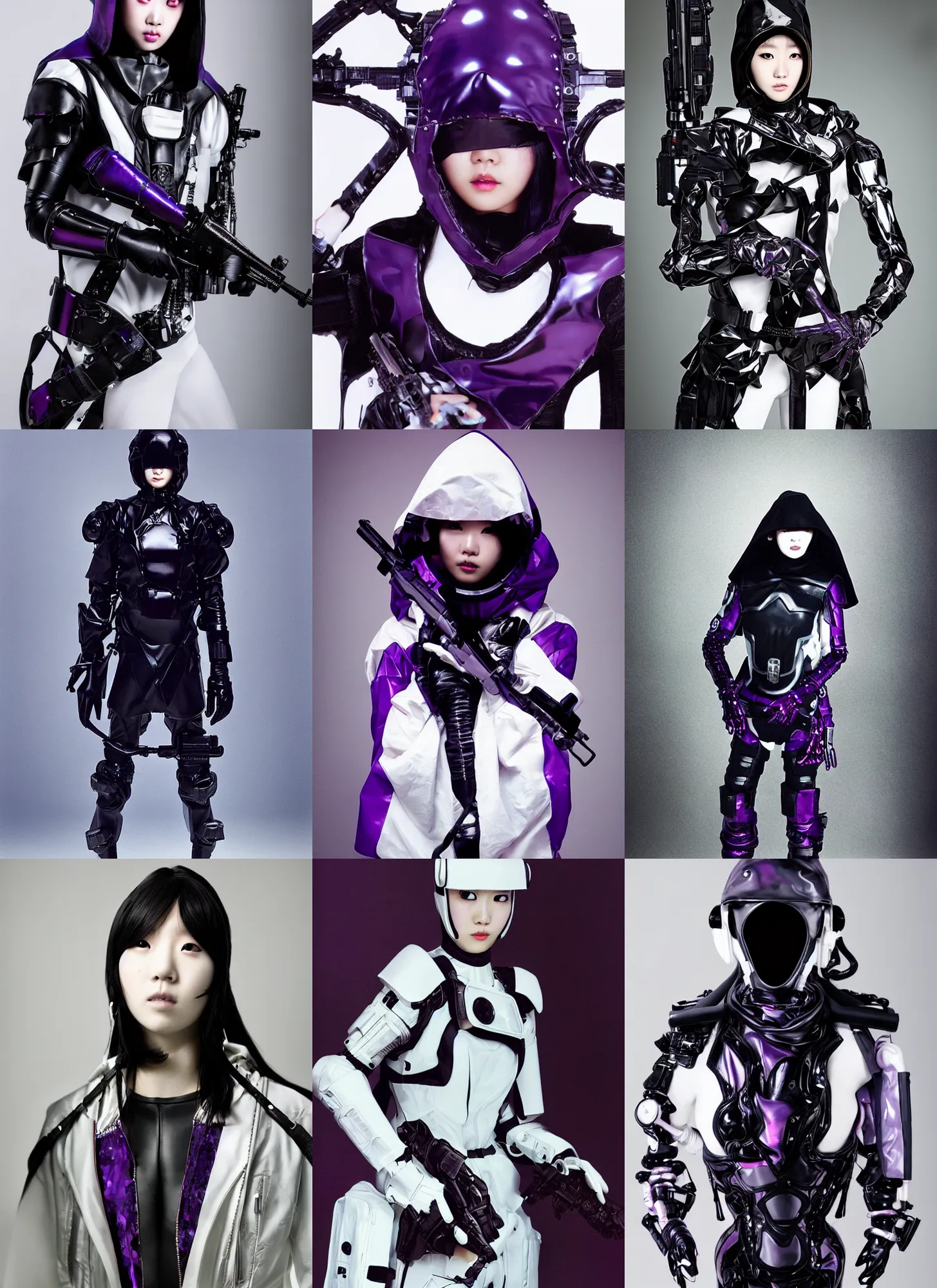 Prompt: ulzzang with white sci - fi tactical gear, black leather garment, purple transparent crystal cybernetic hood, full shot fashion photography, by irving penn and storm thorgerson, ren heng, peter elson