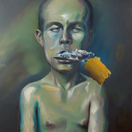 Image similar to wandering in sad childhood memories, smoking weed, mental health, derealisation, disconnected, oil painting, by francis bacon, emotional conflict, hd, 8 k, trending on artstation, paradoxal, perfect framing, neo - expressionism, expressive, masterpiece