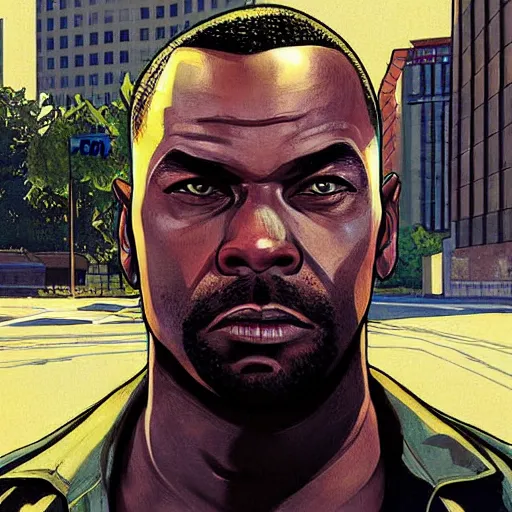 Image similar to lee everett, gta v cover art, art by stephen bliss