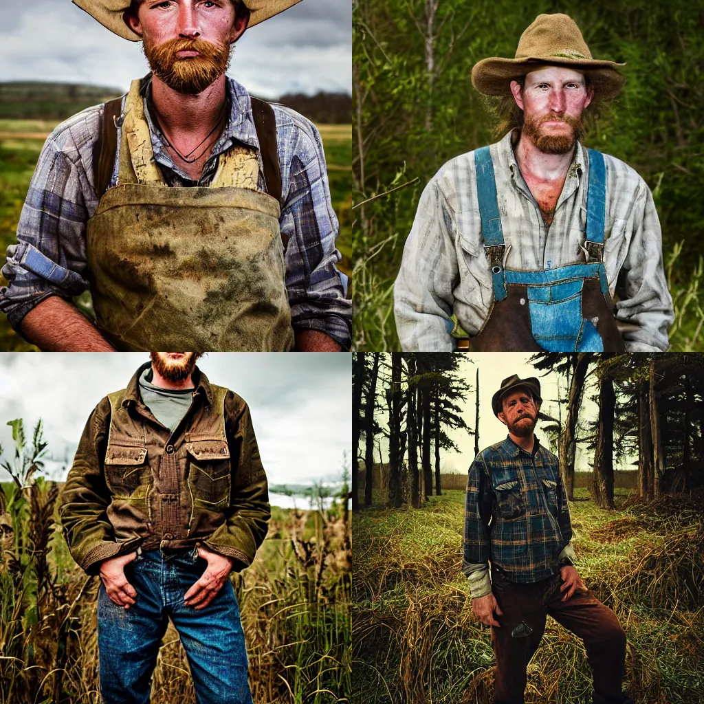 Prompt: portrait of Willie Ray Kerr, 27 year old farmhand and bushcrafter. broad, hirstute build. has an apex, wild, powerful, vibrant aesthetic. HD photo portrait by Annie Liebovitz.