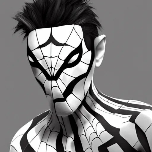 Image similar to concept render of a spiderman with black and white stripes by cedric peyravernay and leon tukker